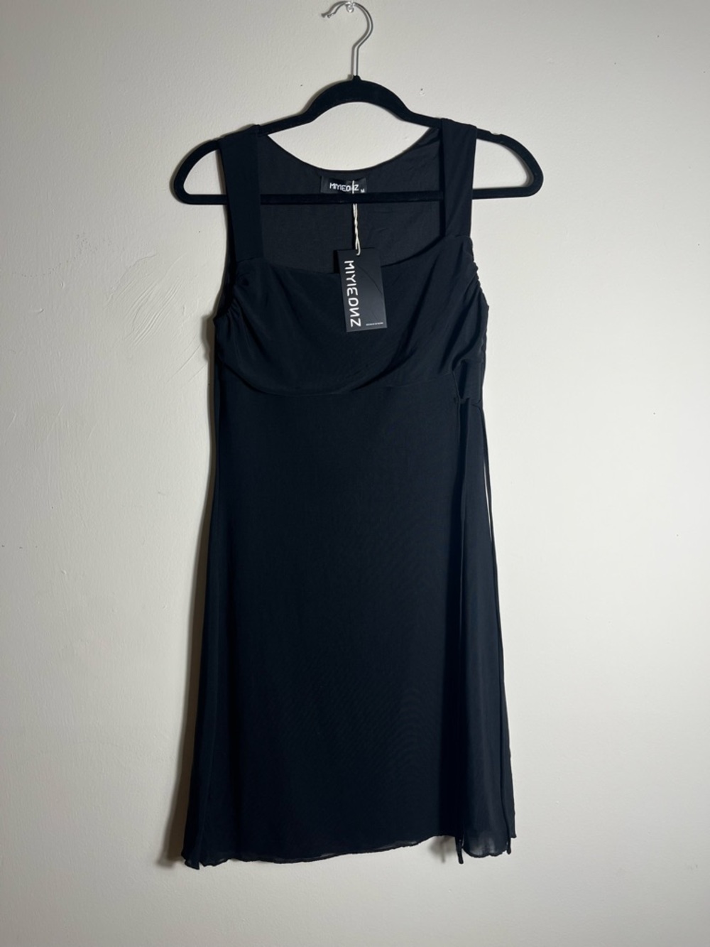 Black Ruched Bust Mini Dress Stretch Sleeveless Bodycon Minimalist Size M
